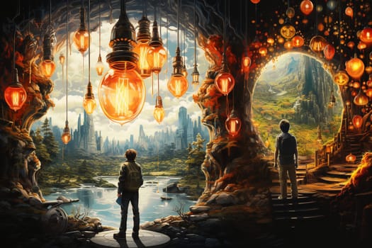 Man stands in a room with many light bulbs, explosion of ideas, brainstorming for solutions, smart brain, open mind for new direction, generative AI