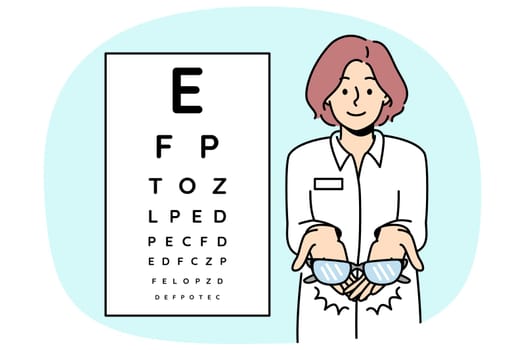 Female ophthalmologist holding glasses on background eye check chart. Eyesight checkup in ophthalmology clinic. Spectacles prescription. Vector illustration.