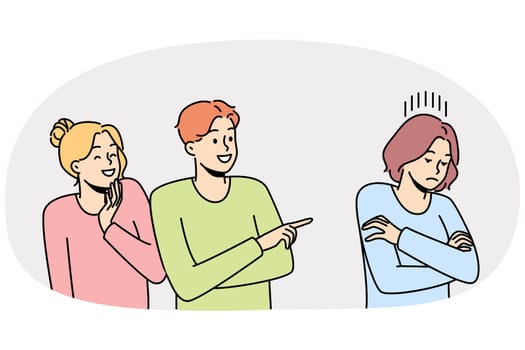 Unfriendly people laugh at lonely girl pointing at her. Bad students bullying gossiping about female mate. Concept of mockery and bully. Vector illustration.