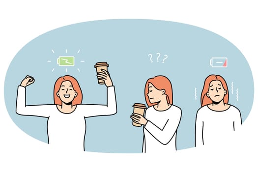 Woman before and after drinking coffee. Female get energy from hot espresso. Active life and caffeine refreshment. Vector illustration.