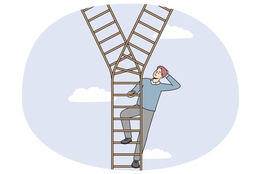 Businessman on ladder make decision or choice. Man decide which path to take. Dilemma and choosing option. Vector illustration.