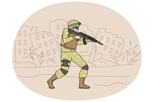 Soldier in uniform with gun walking destroyed city protecting land. Warrior on military service at war. Serviceman at front. Vector illustration.