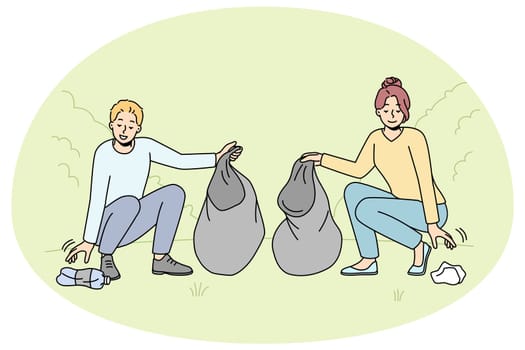 Man and woman pick up trash on street care about nature and environment. Couple volunteers or activist clean outdoors from garbage. Environmental conservation. Vector illustration.