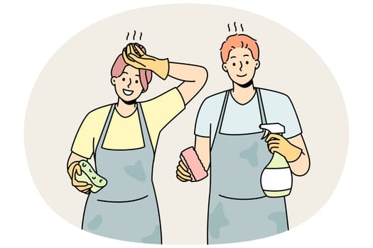 Exhausted couple feel tired after house cleaning. Man and woman in aprons housekeeping together. Household chores. Vector illustration.