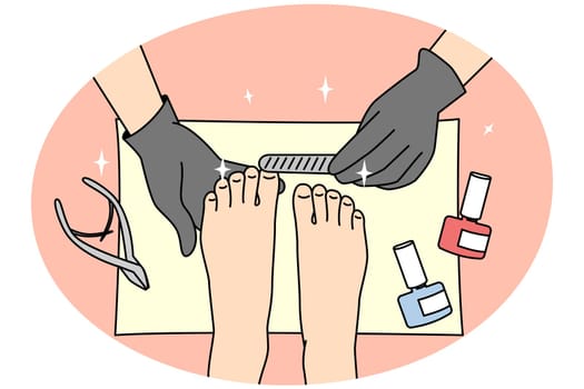 Closeup of woman get pedicure in salon. Female client care about hygiene and look of toe nails. Beauty concept. Vector illustration.