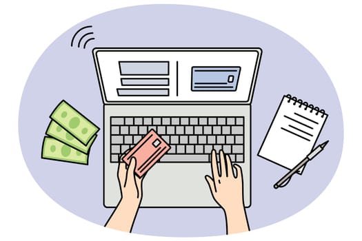 Closeup of person shopping online on laptop paying with credit card. Client make internet payment on computer. Web banking concept. Vector illustration.