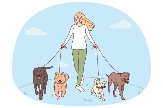 Smiling young woman with dogs on leashes walking in park. Happy girl pet walker with domestic animals outside. Vector illustration.