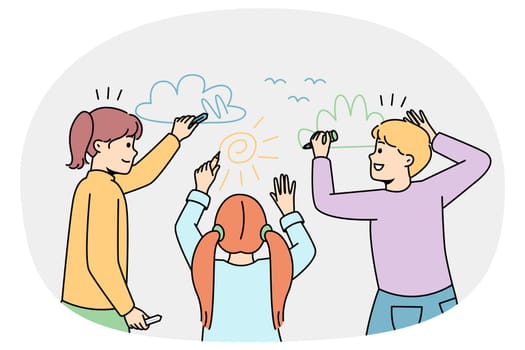 Happy children drawing together on white wall. Smiling kids painting with colorful chalks. Hobby and art concept. Childhood activity or game. Vector illustration.