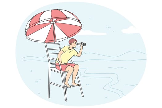 Male lifeguard sitting on chair on beach looking in binoculars. Man lifesaver on tower at seashore. Safety rescuer and sea help . Vector illustration.