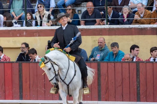 March 26, 2023 Lisbon, Portugal: Tourada - Man on Horseback in an Arena. Mid shot