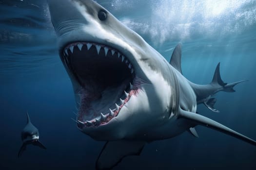 A menacing shark with jaws open ready to attack in the clear blue waters of the ocean, surrounded by sunlight and natural beauty. AI Generative.
