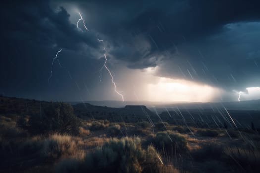 A powerful storm looms over an open field, with lightning illuminating the dark sky, creating a dramatic and moody atmosphere. AI Generative.