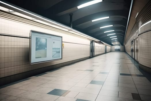 Nostalgic subway station with a solitary TV or board mockup on the wall, reminiscent of a bygone era of urban transportation. AI Generative.