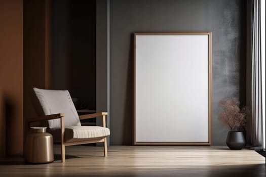 A contemporary living room with a black empty wall mockup, a modern sofa, and a picture frame. Elegant and stylish minimalist design. Is AI Generative.