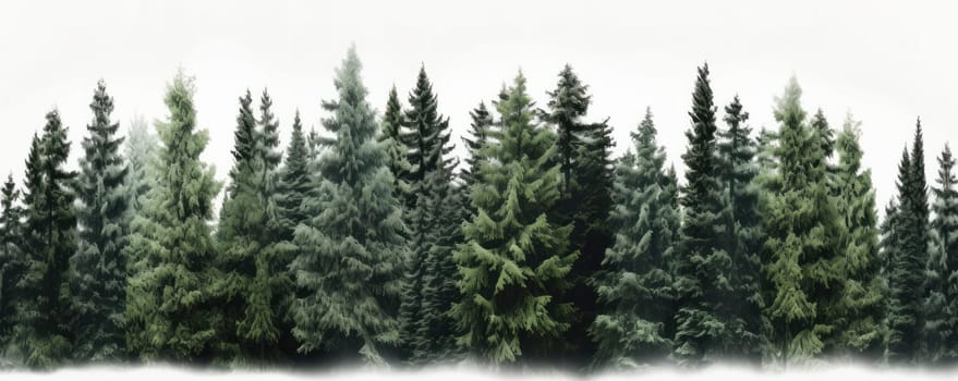 A pristine winter landscape with a row of trees covered in snow, evoking a sense of peace. AI Generative.