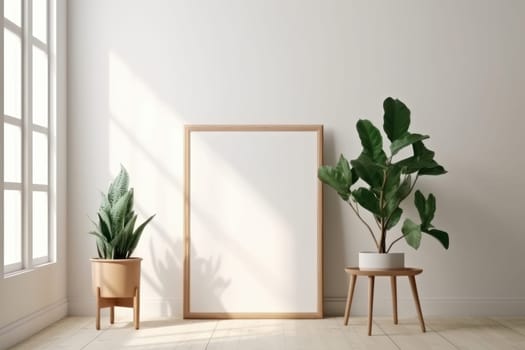 A rustic wooden table with a potted plant and mockup frame, perfect for displaying artwork or photos. AI Generative technology makes it look realistic.