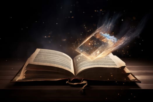 A glowing open book symbolizes the power of education and knowledge to light up our world. A perfect image for educational or inspirational themes. AI Generative.