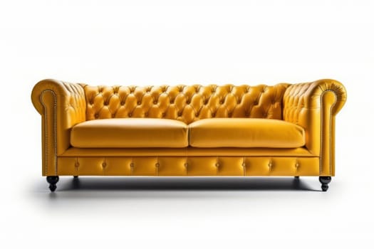 Modern leather couch on white background with yellow cushion, perfect for stylish interiors. AI Generative.