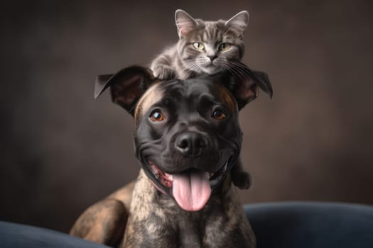 Feline and canine friends a cat sitting on a dog's head, a heartwarming example of cross-species companionship. AI Generative