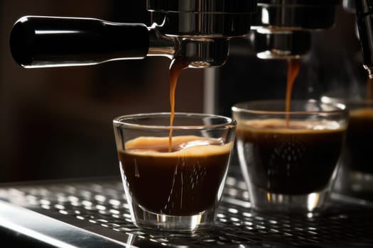Stainless steel coffee maker brewing up a delicious cup of coffee with rich flavor is the perfect way to start your day. AI Generative.