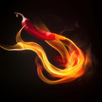 A red hot chili pepper surrounded by yellow and red flames on a black background. Get a taste of the heat and spice AI Generative.