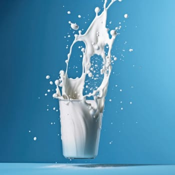 Liquid milk splashing on a blue surface, a minimalist and elegant representation of dairy products is AI Generative.