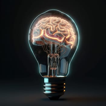 A conceptual light bulb with a luminous brain inside symbolizes the brilliance of creativity and enlightenment is AI Generative.