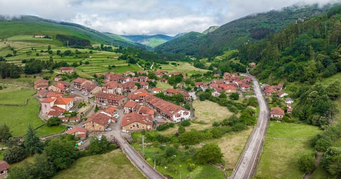 Panoramic aerial view of Carmona, Cabuerniga valley, Cantabria in Spain.   named beautiful town of Spain