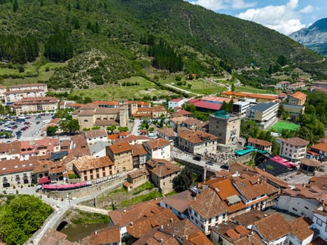 Potes in Cantabria, General view. This population belongs to the Community of Cantabria and is located at the foot of the Picos de Europa. named beautiful town of Spain