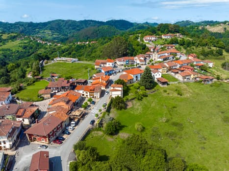 Panoramic aerial view of Torazo, Asturias. A serene blend of historic charm and scenic beauty. Nominated Pretty Town