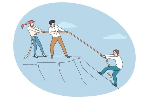 Diverse employees throw rope help colleague climb up hill. Coworkers help person showing support and unity. Concept of teamwork and collaboration at workplace. Vector illustration.