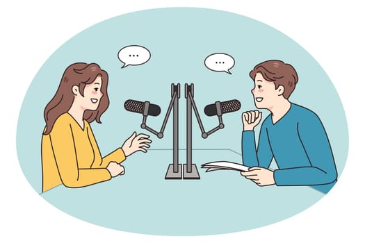 Smiling diverse people talk in studio in microphones record podcast together. Happy radio host interview guest at station. Entertainment industry. Vector illustration.