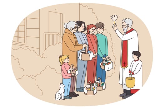 Male leader with megaphone head demonstration with diverse people holding banners and posters. Activists on strike or riot protest against discrimination, vote for freedom. Vector illustration.