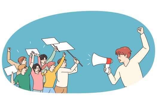Male leader with megaphone head demonstration with diverse people holding banners and posters. Activists on strike or riot protest against discrimination, vote for freedom. Vector illustration.