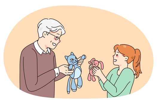 Happy mature grandfather play dolls with smiling little granddaughter. Smiling loving grandpa have fun enjoy toy game with excited small grandchild. Young and old generation. Vector illustration.