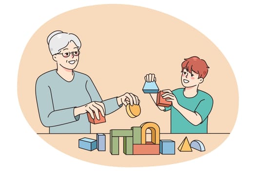 Loving elderly grey-haired grandmother play toys with small grandchild. Caring grandma build with blocks with smiling little boy child at home. Two generations. Vector illustration.