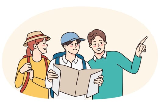 Local man help travelers couple find way. Male show tourists right way or direction. Journey and adventure problem. Travel and tourism. Vector illustration.