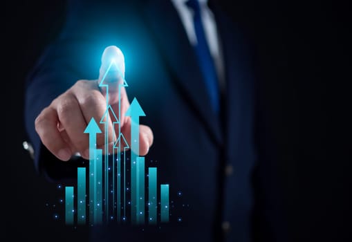 Stock market, Business growth, progress or success concept. Businessman or trader is showing a growing virtual hologram stock, invest in trading.