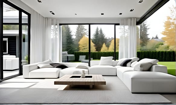 modern interior - a view in a garden from a modern stylish livingroom