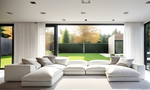 modern interior - a view in a garden from a modern stylish livingroom