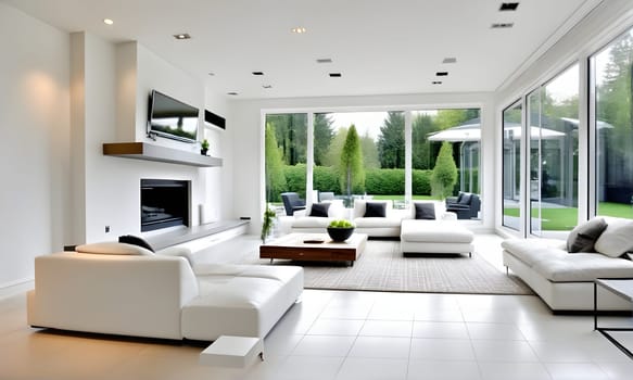 modern interior - a view in a garden from a modern stylish livingroom