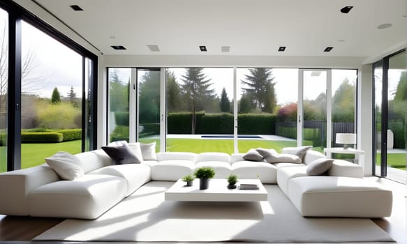 modern interior - a view in a garden from a modern stylish livingroom