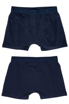 Male underwear isolated. Collage set of a dark blue boxer short isolated on a white background. Mens underwear fashion. Front and back view. Short pants.