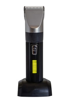 Close-up of a new black silver rechargeable beard and hair clipper isolated on a white background. Clipping path. Cordless hair and beard trimmer. Macro.
