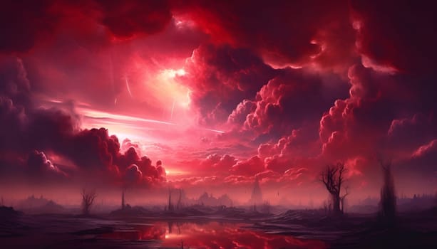 Crimson sky, red clouds, dead trees because of global warming, Armageddon. Conceptual photo of end of the world, doomsday. Abstract generated by AI. High quality photo
