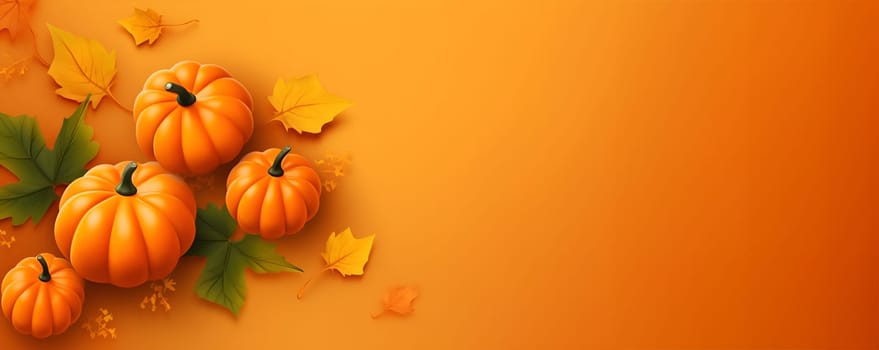 Thanksgiving holiday pumpkin arrangement against orange colored pastel background. Autumn composition. Decoration with pumpkins on table top with copy space for text. Template, mock up for promotion