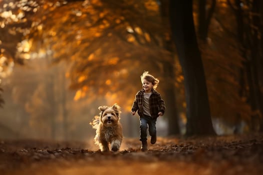 Happy little boy running with dog by fall forest on autumn day or evening. Excited, joyful child chasing with puppy. Friendship of man and animal, healthy lifestyle. Childhood of young discoverer