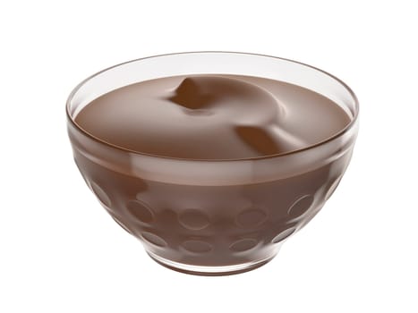 Chocolate pudding in a glass bowl, isolated on white background