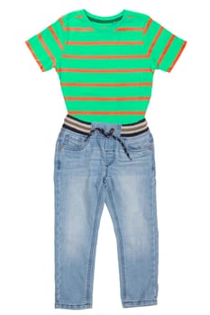 Collage set of a trendy stylish blue denim pants or trousers for girls and a green yellow striped t-shirt with short sleeves isolated. Kids summer fashion.