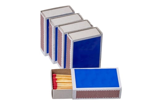 Closeup of five matchboxes with one opened isolated on a white background with copyspace. Clipping path. Savety matches in boxes. Macro.